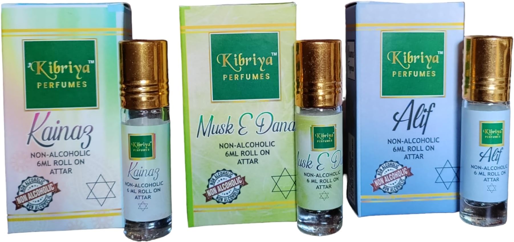 Kibriya Perfumes Pack of 3 Kainaz, Musk Dana, Alif 100% Free Form Alcohol Long Lasting 06ml