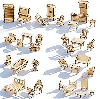 LOVEINUSA DIY Wooden Dollhouse Furniture Set - 34pc Paintable Miniature Accessories, Natural Wood 3D Puzzle for Rooms