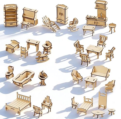 LOVEINUSA Conjunto de muebles de casa de muñecas de madera, accesorios de habitación en miniatura del rompecabezas 3D, madera natural