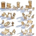LOVEINUSA DIY Wooden Dollhouse Furniture Set, 3D Puzzle Miniature Room Accessories, Natural Wood