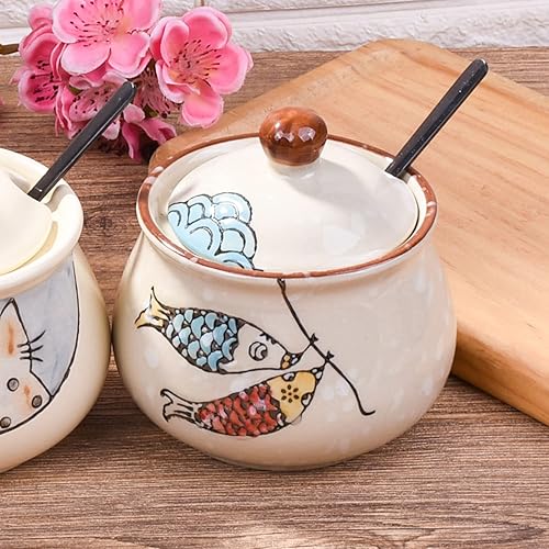 Miniatura 6 de Azucarero de cerámica con tapa y cuchara, azucarero japonés con cuchara y tapa (estilo 3)
