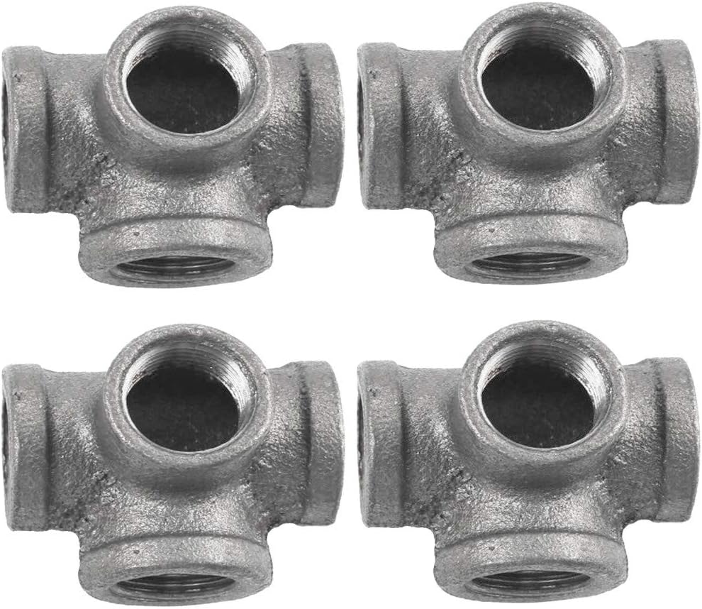 4 Pack Black 4 Way Pipe Fitting, IBEUTES 1/2 Inch Side Outlet Tee Malleable Iron Side Outlet Elbow - Threaded Pipe Nipples For DIY Decor Or Industrial Vintage Style
