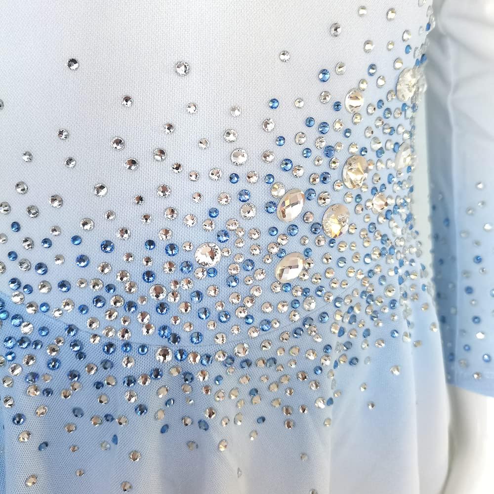 Figure Skating Dress White and Light Blue Gradient Diamonds Girls Competition Show