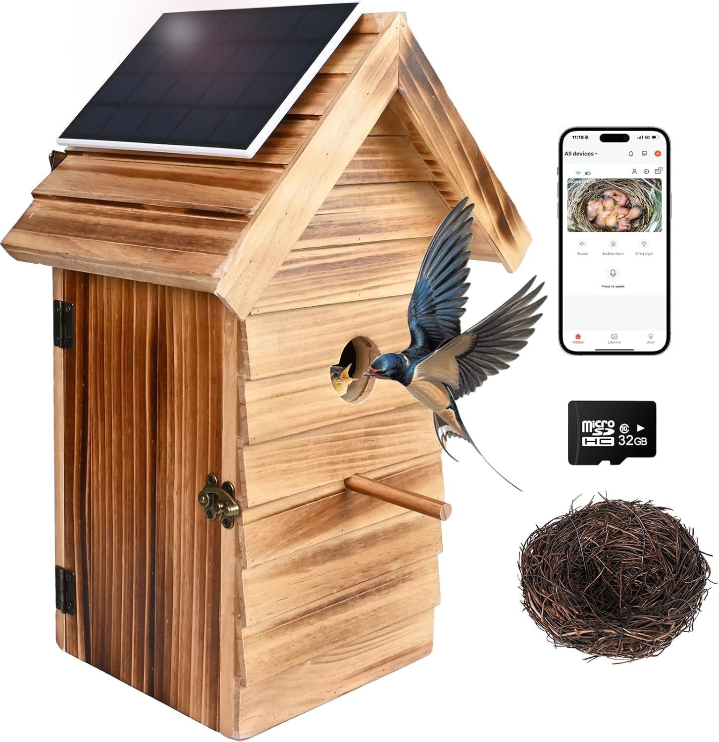 Bird House with Camera, Smart Birdhouse with Camera Solar Power, 2.4G WiFi & App Notify 160° Wide Wireless 1080P HD Solar Powered Birdhouse (Dark Color)