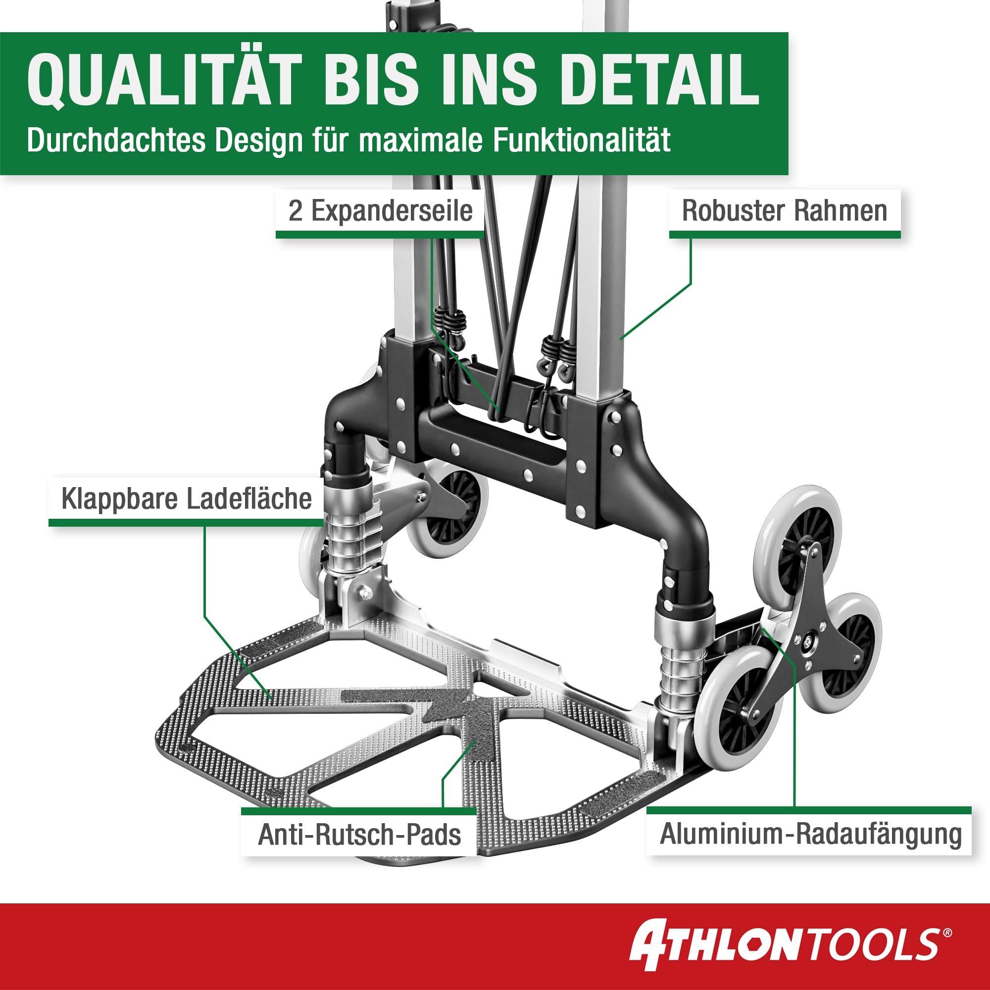 ATHLON TOOLS Treppensteiger Sackkarre klappbar TÜV GS-geprüft – Profi Treppensackkarre aus Aluminium leicht - Extra Langer Griff 110cm & Ladefläche mit Anti Rutsch Pads - Transporthilfe für Treppen