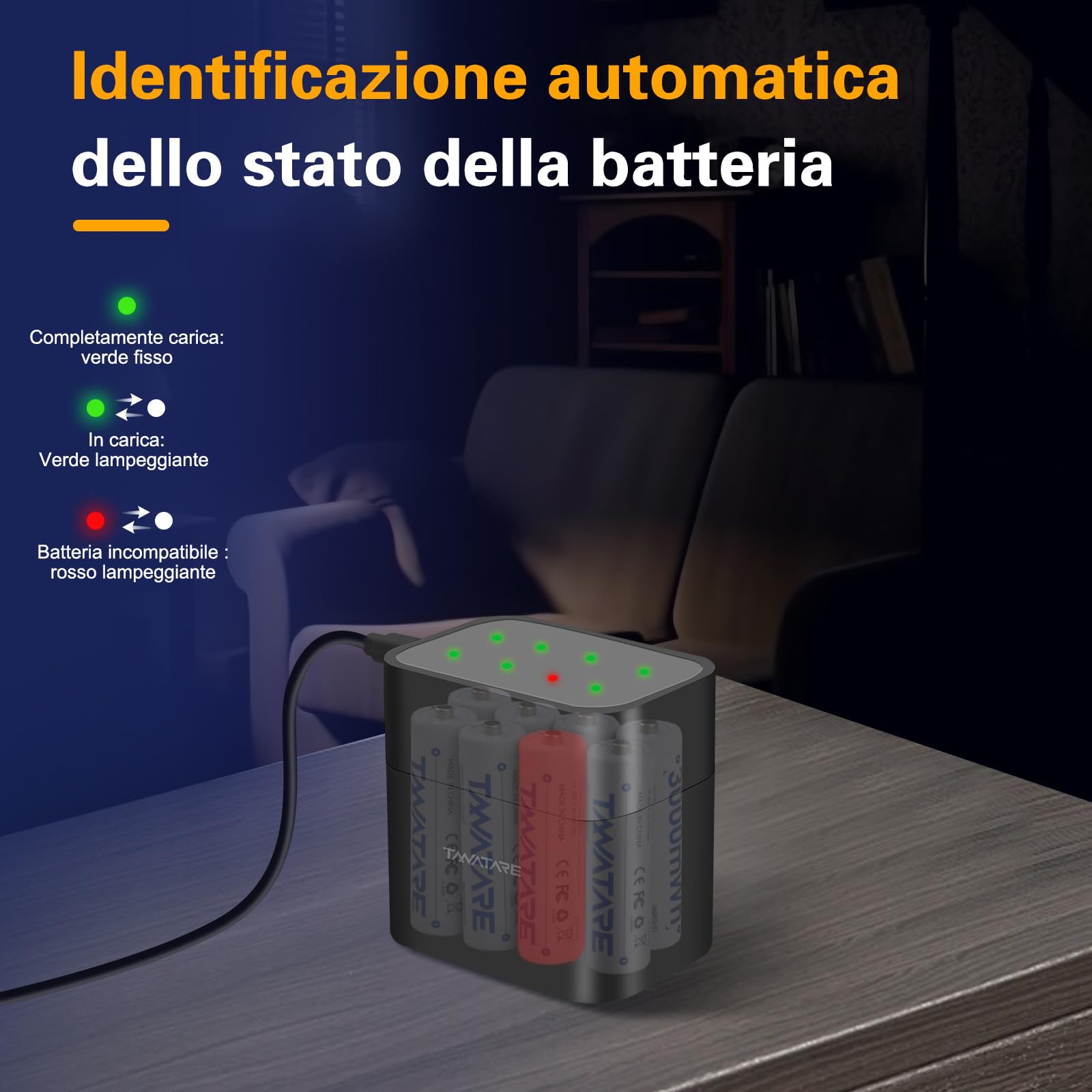 Tanatare Batterie al Litio AA Ricaricabili 8 Pack con Caricatore Veloce 1.5V 3000mWh