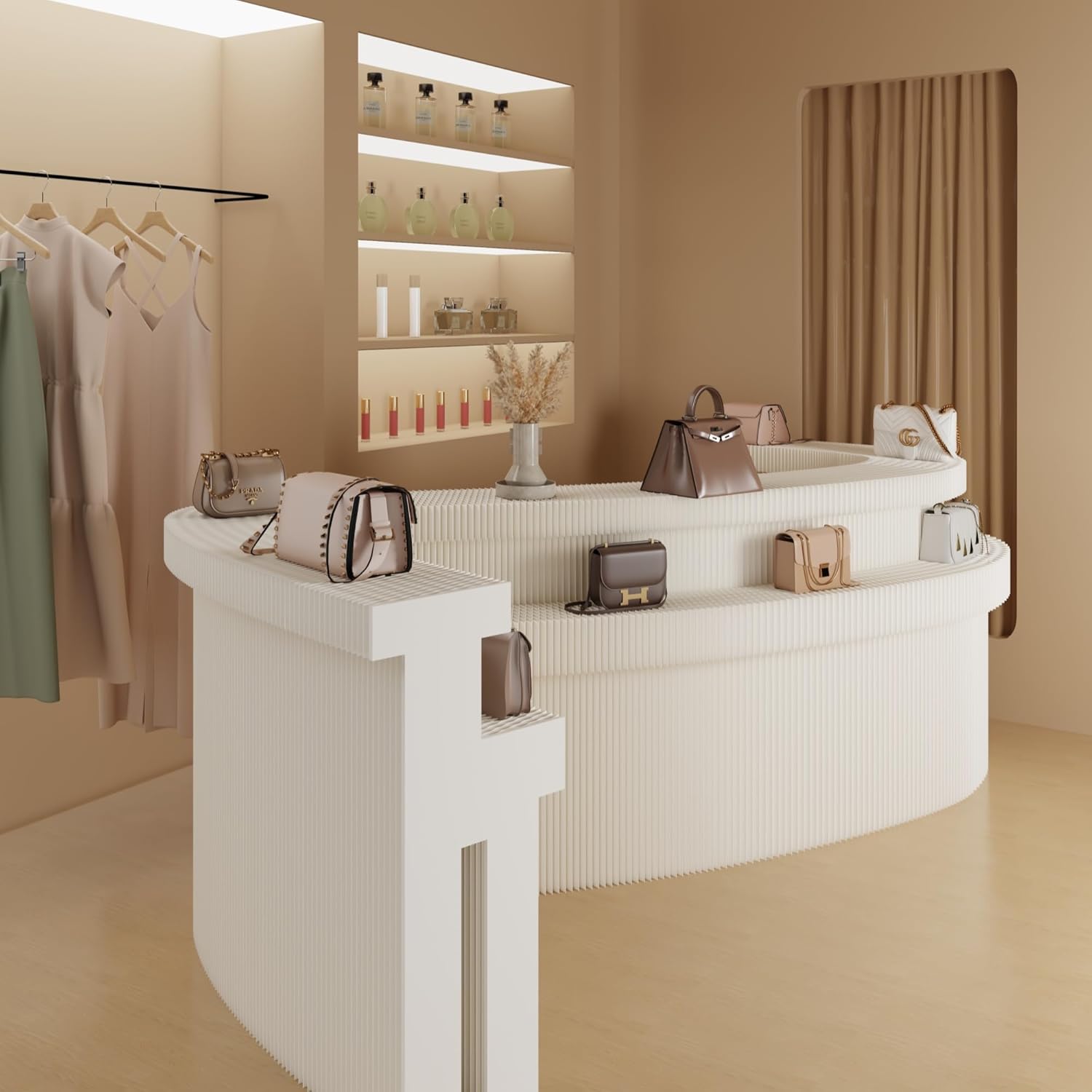 Modern Expandable Display Stand, Multi-Shape Design for Living Room, Coffee Shop, Trade Show, White (L300xW75xH98cm)