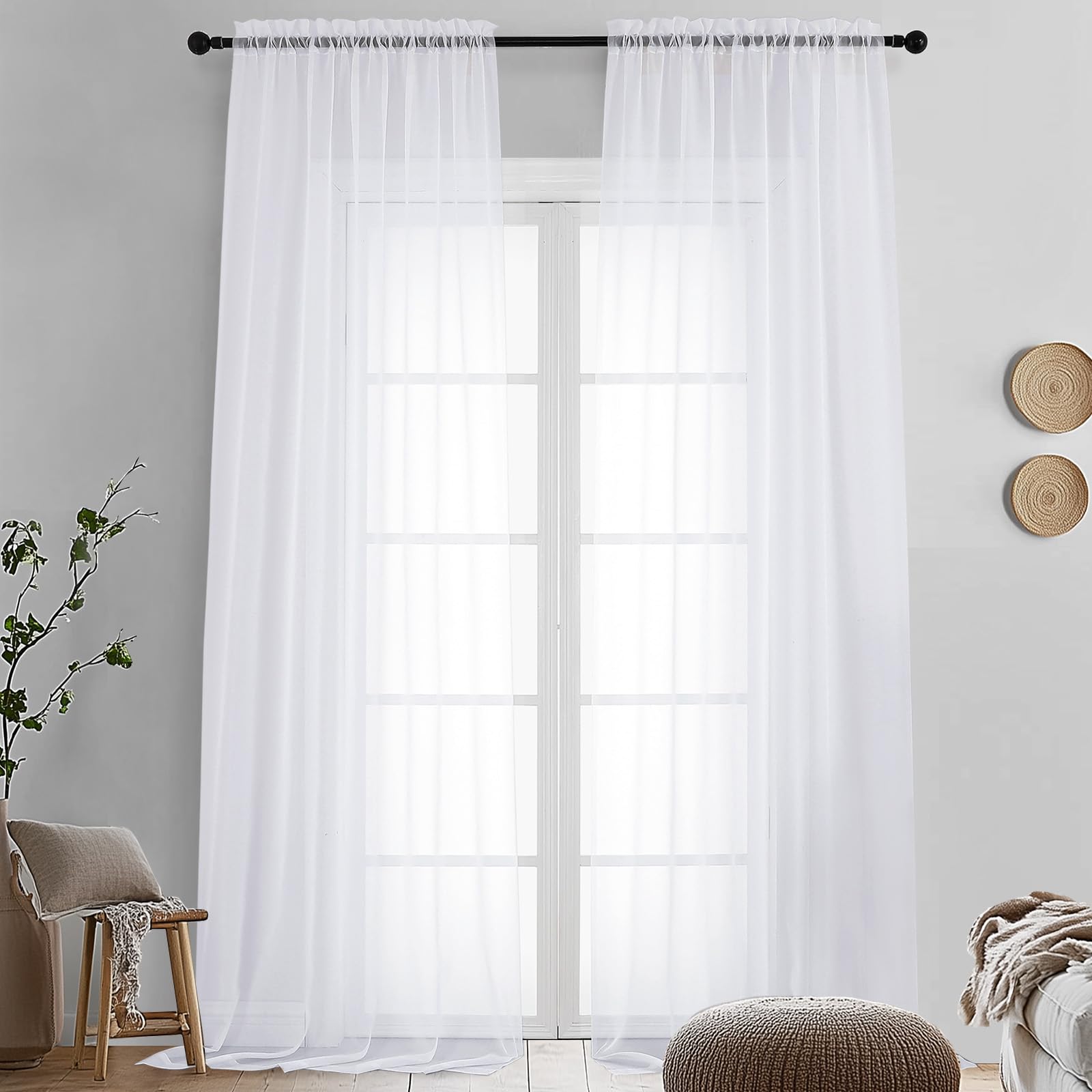 OVZME Sheer White Curtains 108" Inch Length 2 Panels Set, Light Filtering Soft Rod Pocket Voile White Drapes for Living Room/Bedroom, Each 42" W x 108
