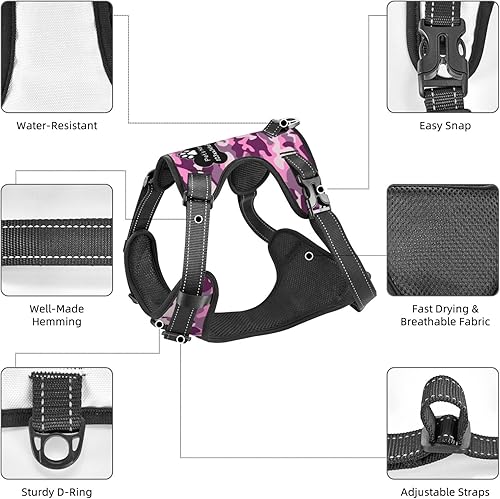 Miniatura 4 de Arnés personalizado para perro sin tirones, chaleco de camuflaje rosa personalizado con número de teléfono y nombre de mascota, arnés reflectante