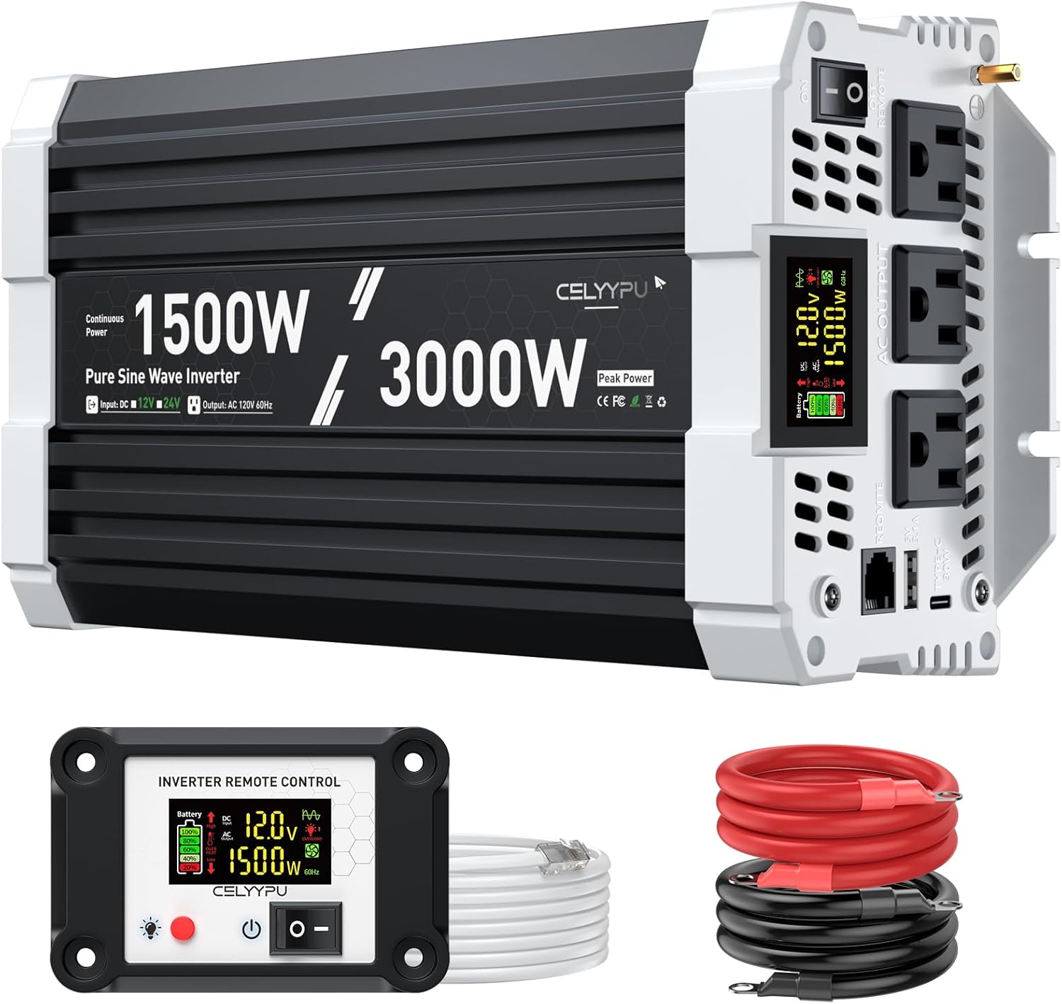 1500 watt Pure sine Wave Inverter, 12V DC to 110V AC Power Inverter, Used for Solar Emergency Power Supply in RV Homes, with 3 AC Output sockets, USB Port, Type-C Port, Remote Control with LCD Screen