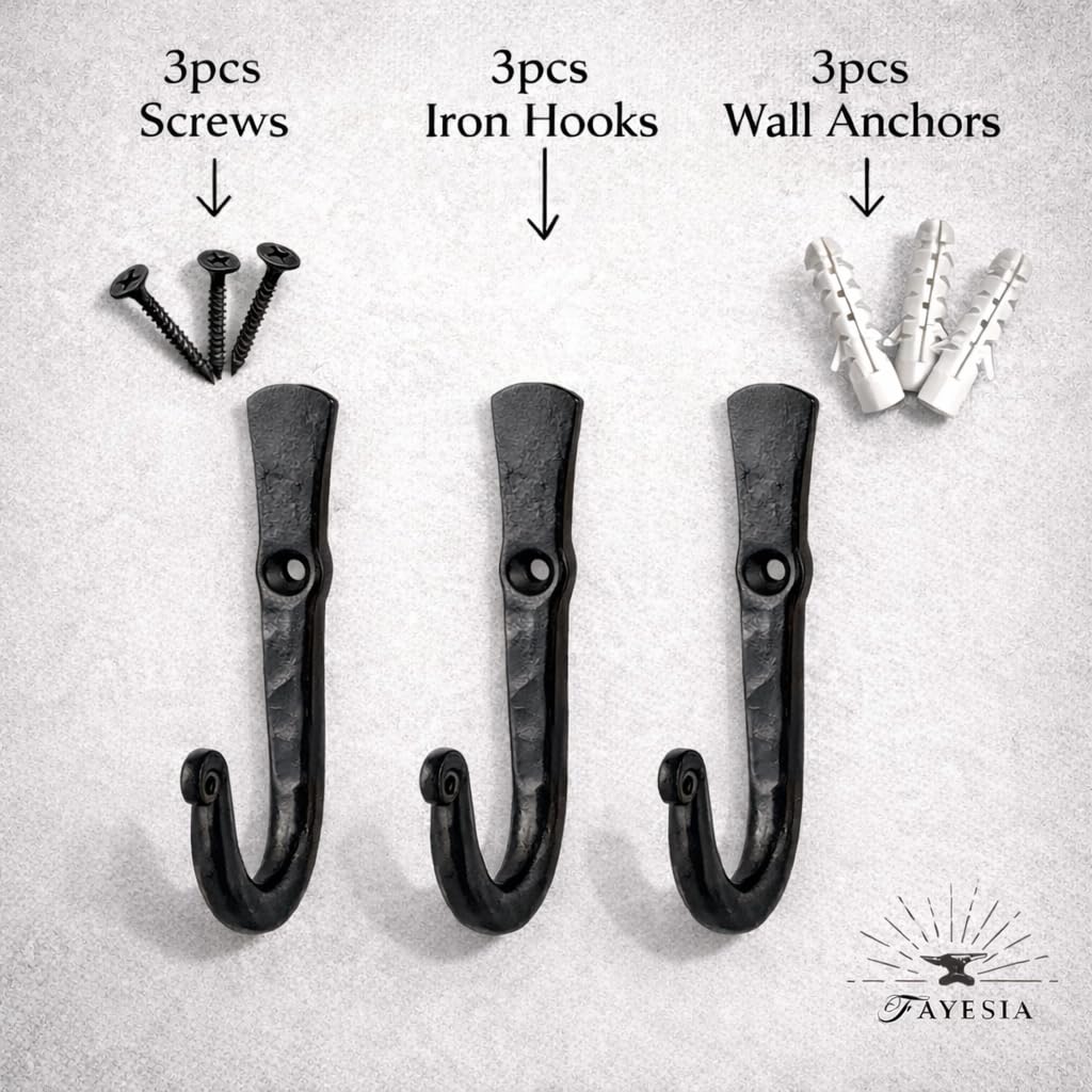 Ganci appendiabiti da parete in ferro battuto fatti a mano con viti e raccordi per cucine e bagni - Ganci per porta a polo singolo per appendere asciugamani, borse e cappelli (set di 3)