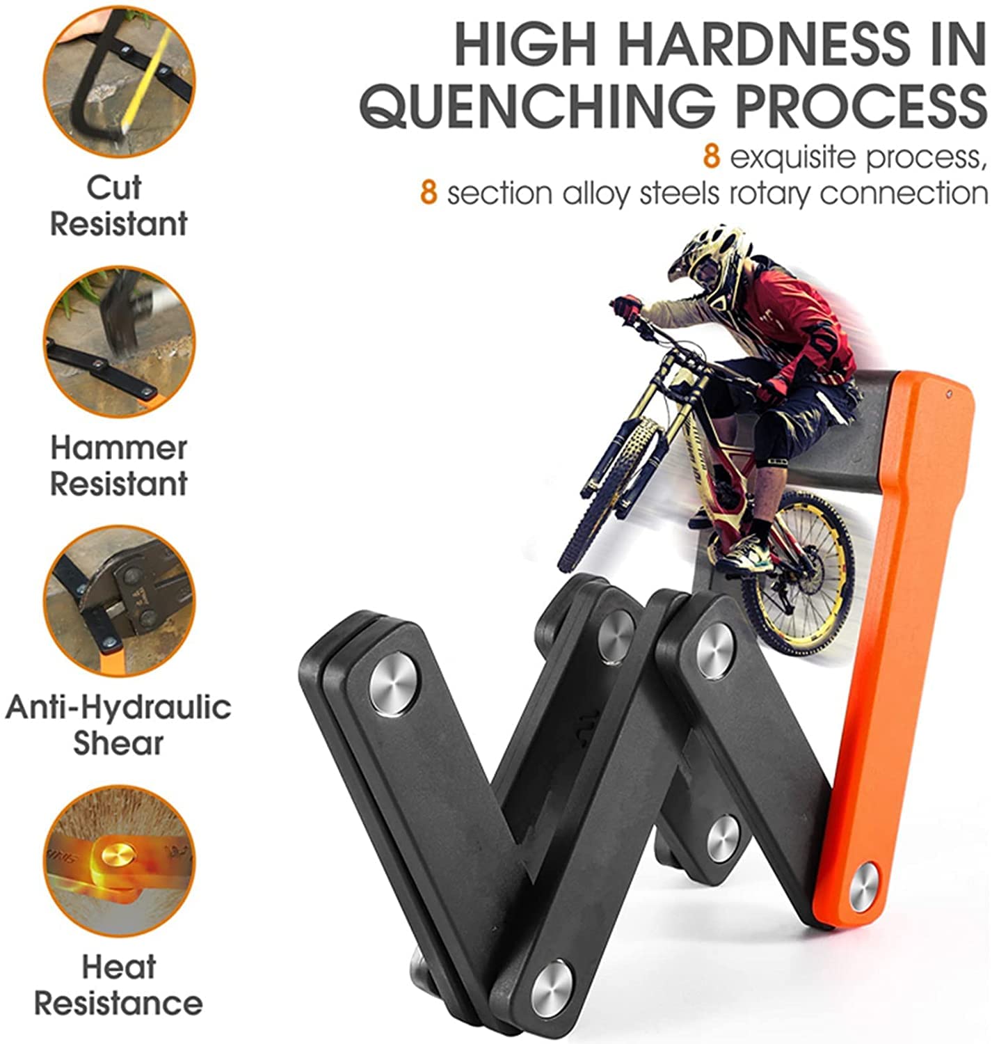 Lucchetto Pieghevole Compatto per Bicicletta, antifurto, con Catena di Sicurezza per Bicicletta, con Staffa per Bici elettriche/Scooter, con 3 Chiavi (Nero, 63 cm)
