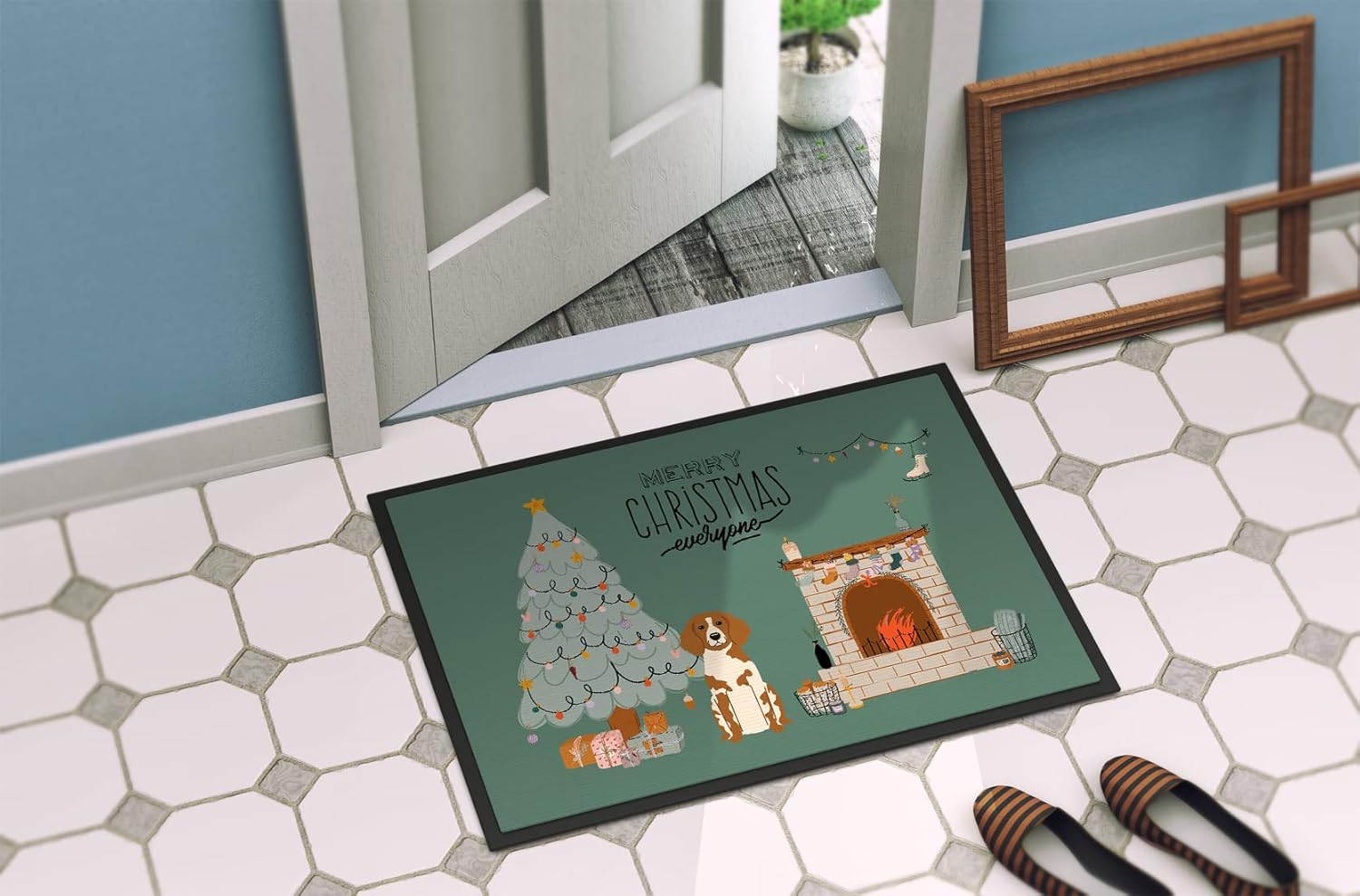 Caroline's Treasures CK7635MAT Brittany Spaniel Christmas Everyone Doormat 18x27 Front Door Mat Indoor Outdoor Rugs for Entryway, Non Slip Washable Low Pile, 18H X 27W
