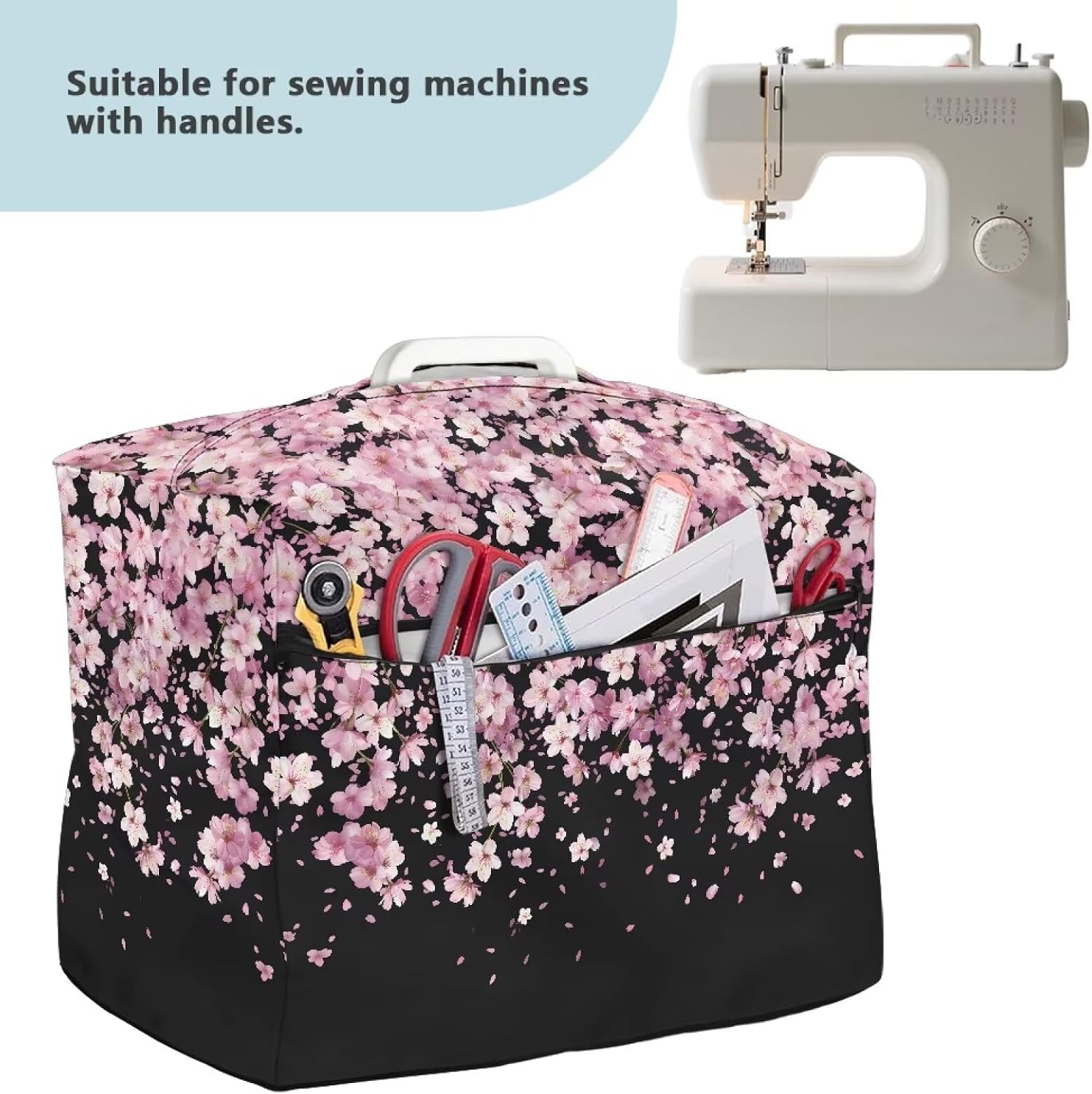 Household Sewing Machine Protective Dust Cover with Opening Top and Front Zipper Pocket, Padded Sewing Machine Dust Cover, Universal Size Cherry Flowers Blossom
