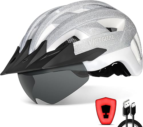 Miniatura 54 de VICTGOAL Casco de bicicleta con luz trasera recargable por USB, gafas magnéticas desmontables, visera solar extraíble, cascos de bicicleta de Negro