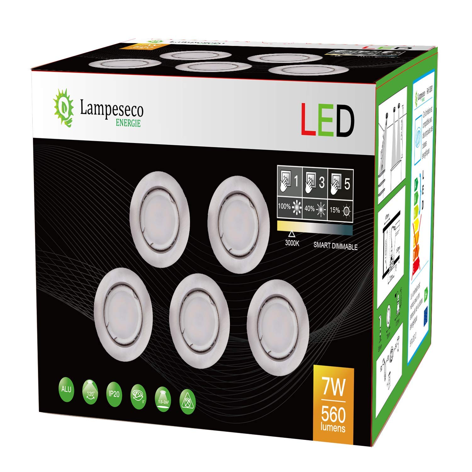 LampesEcoEnergie 10 SPOTS LED DIMMABLE SANS VARIATEUR 7W eq.56w BLANC CHAUD FINITION ALU BROSSE