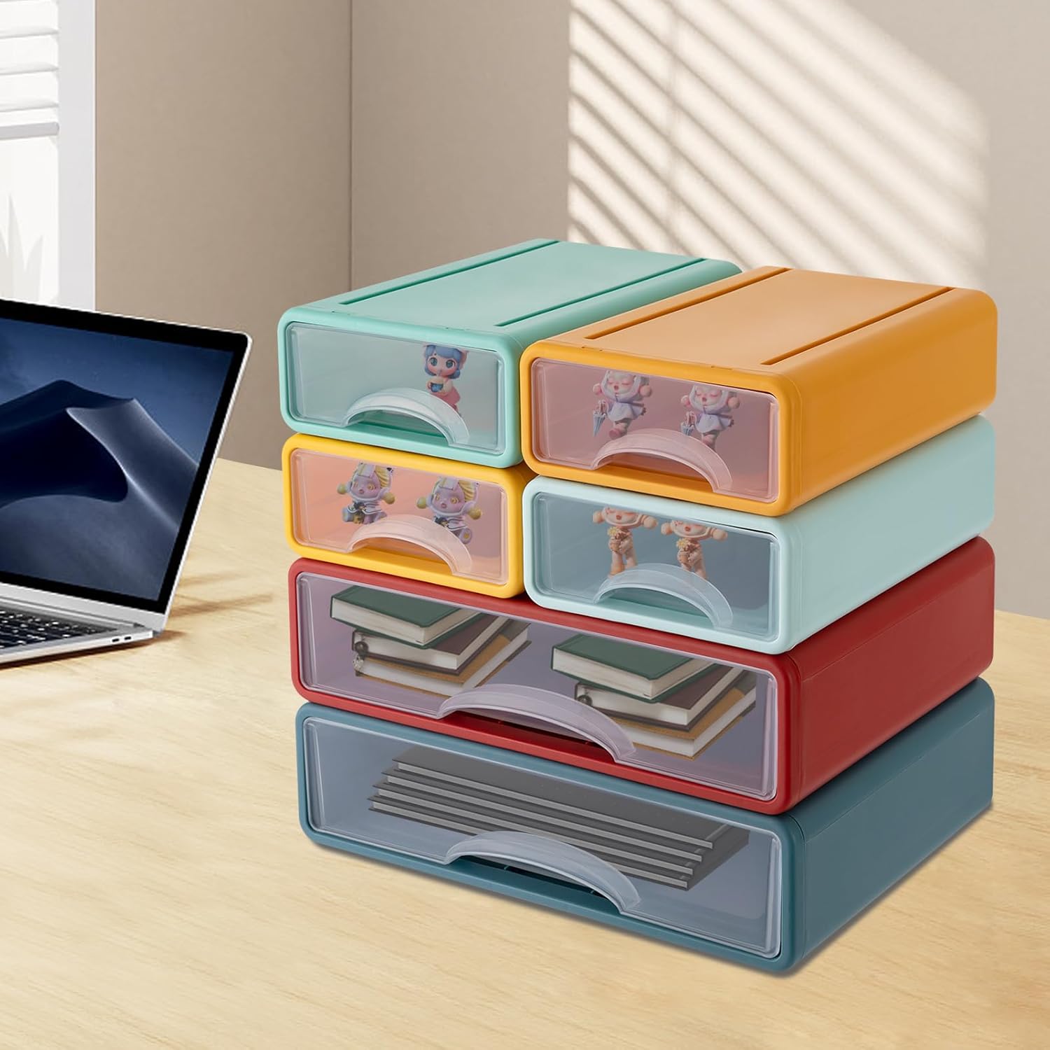 Bathrena Desk Organizer Office Storage Box with 6 Drawers Plastic Drawers Organizer Stackable Storage Drawers for Office Supplies,Pencils,Markers,Tape,Erasers. (Red,Yellow,Green,Blue)