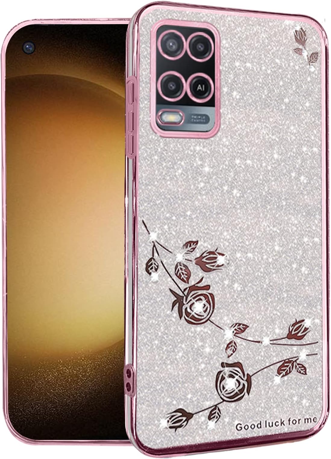 Phone Case for Oppo A54 4G Clear Glitter Floral, Cute Slim for Oppo A54 4G Case Silicone Shockproof Protective Women Girls Cover Sparkle Aesthetic (Pink-Silver)