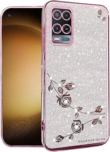 Miniatura 8 de Kainevy - Funda de teléfono para Oppo A54 4G, funda transparente con purpurina rosa floral para mujeres y niñas, bonita funda para teléfono Oppo