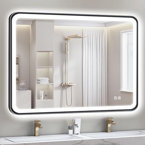 Miniatura 12 de S'bagno Espejo LED Dorado de 32X24 para baño con luz frontal y retroiluminación, espejo de baño LED con marco de metal, antivaho, regulable