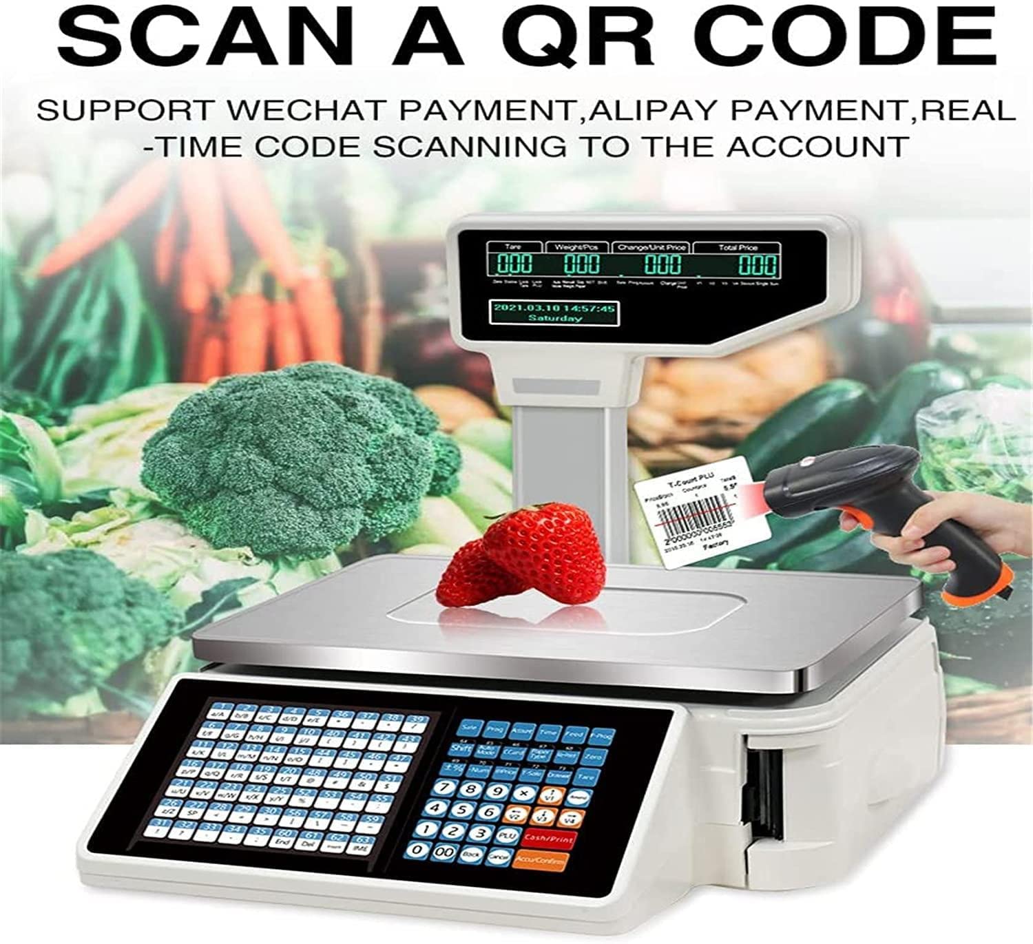 Balance numérique à Code-Barres Balance d'impression d'étiquettes Double Affichage arrière, 63 Touches de Raccourci pour Le Pesage de supermarché/Magasin de détail/entrepôt,Machine