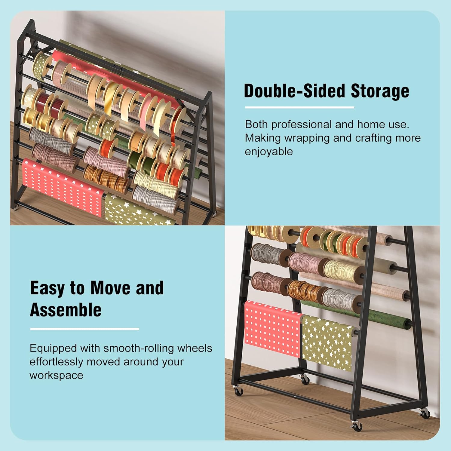 15 Tier Rolling Ribbon Organizer, Double Sided Metal Ribbon Holder with Wheels, Heavy Duty Ribbon Rack Craft Storage Cart for Wrapping Paper, Vinyl Rolls, Spool Rack for Craft Room, Flower Shop