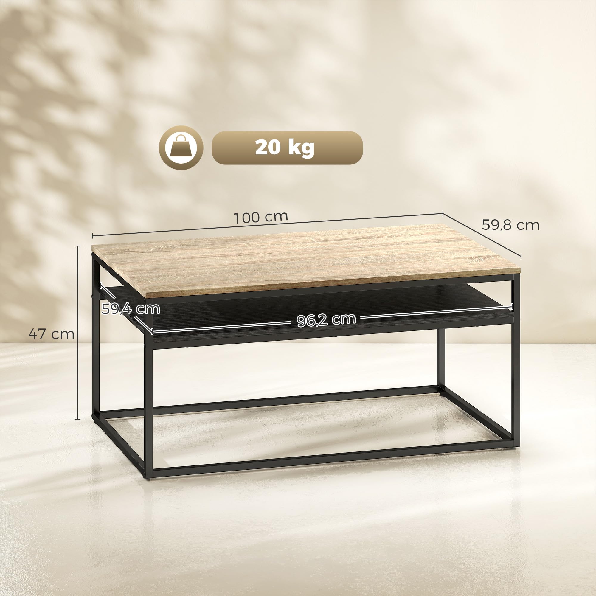 HOMCOM Couchtisch Wohnzimmertisch mit Ablage, Moderner Kaffeetisch im Industrial Design, Beistelltisch mit Metallrahmen Sofatisch für Wohnzimmer, Schlafzimmer, 100 x 59,8 x 47 cm, Eiche