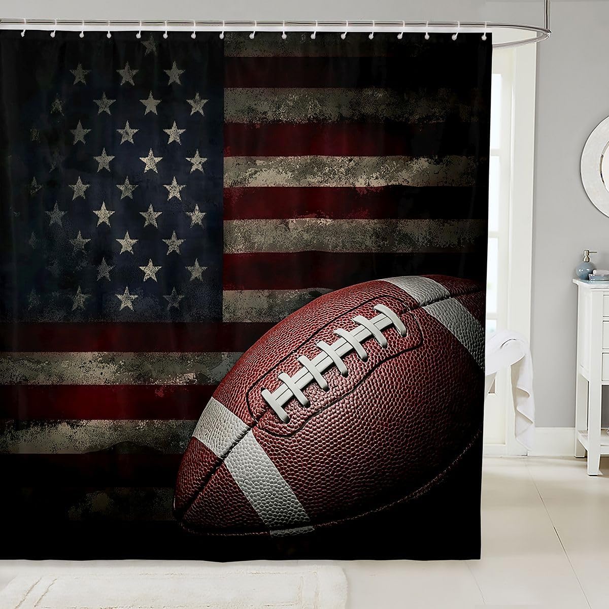 American Flag Bath Curtain, Boys Football Shower Curtain 72" W X 78" L, Soccer Sports Games Shower Stall Curtain United States Federations Stars Stripes Waterproof Fabric Bathroom Accessories