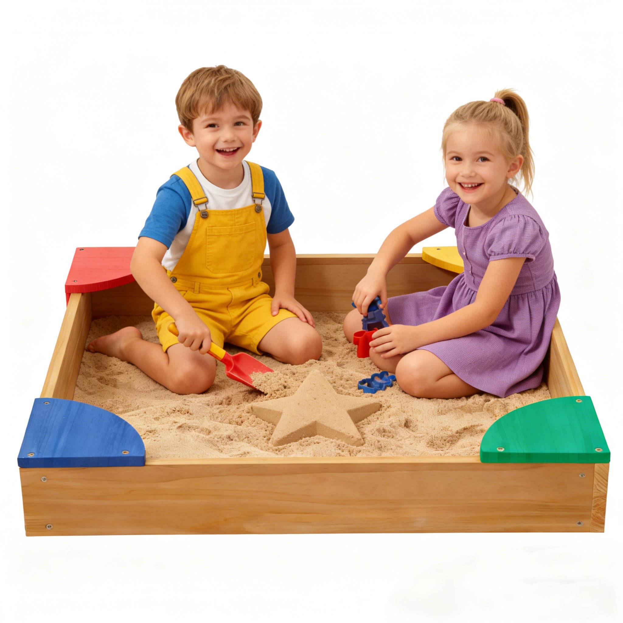 Space-Saving Kids Wooden Sandbox with Built-in Corner Seats | Toddler & Kids Outdoor Play Sand Pit for Ages 3-8