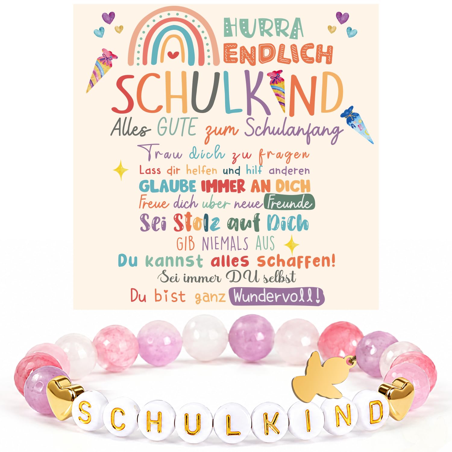 iZoeL Einschulung Geschenk Mädchen Schutzengel Geschenk 2026 Schulkind Schultüte Füllung Schulanfang Armband Glücksbringer mit Grußkarte Geschenkbox