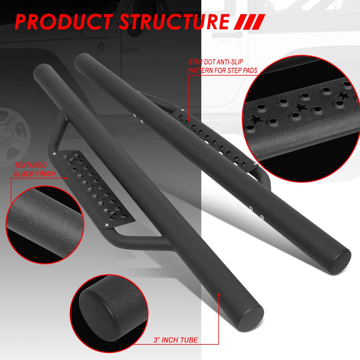 Auto Dynasty Drop Running Boards Compatible with 2007-2018 Jeep Wrangler/JK 2-Door, Steel Round Tubing Side Step Rail Nerf Bars, 3