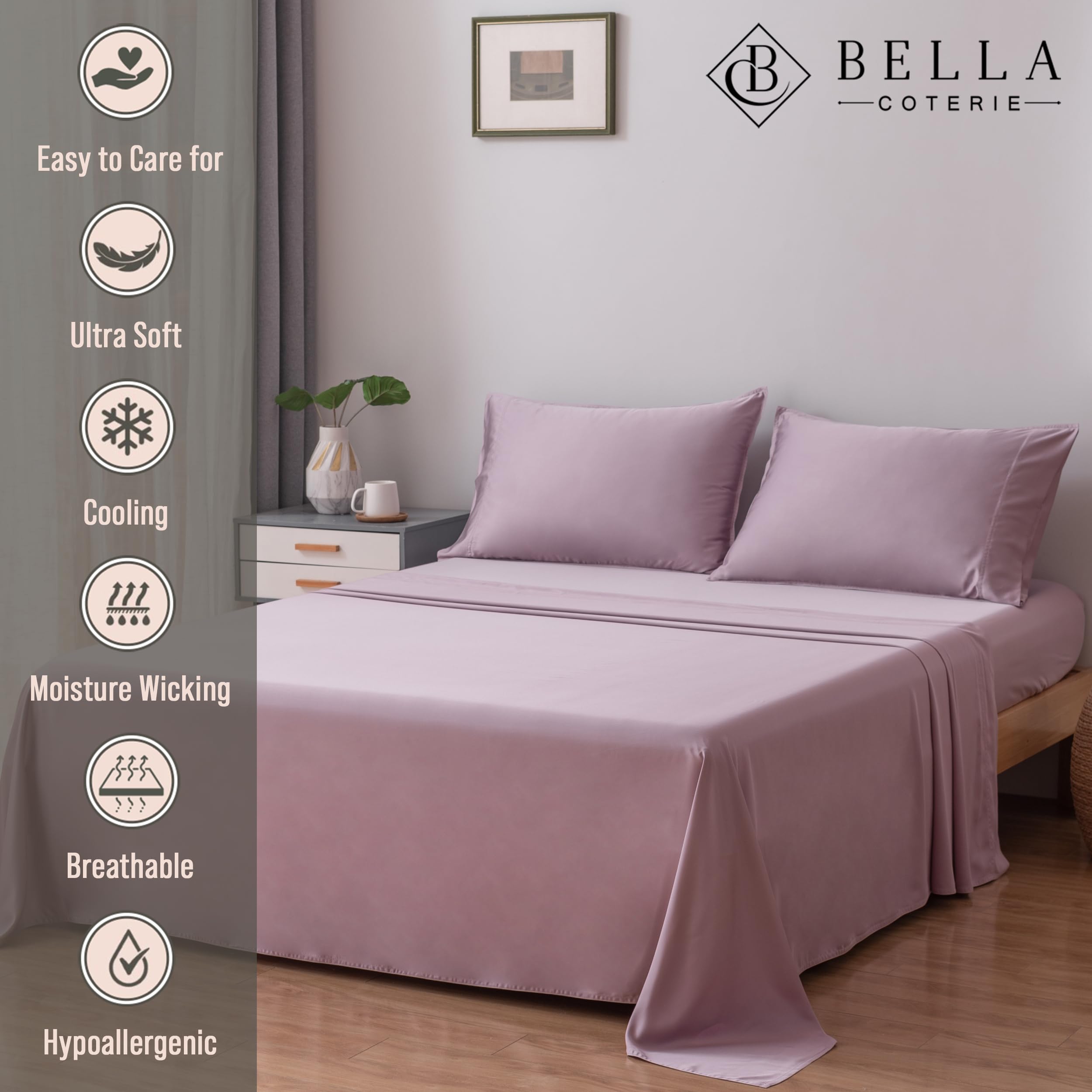 Bella Coterie Luxury Bamboo Viscose Queen Size Sheet Set | 100% Organically Grown | Ultra Soft | Cooling for Hot Sleepers | 18" Deep Pocket [Lilac]