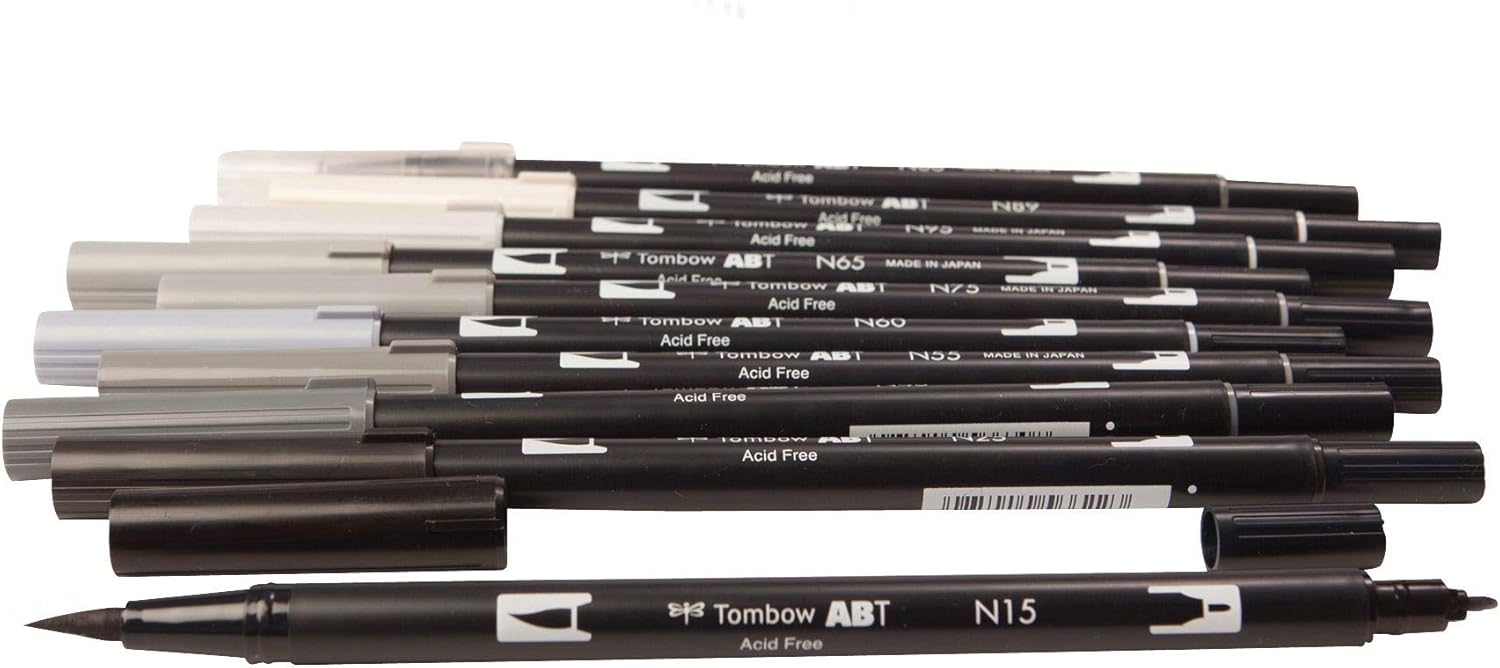 Tombow ABT Dual Brush Pen set of 10, GRAYSCALE
