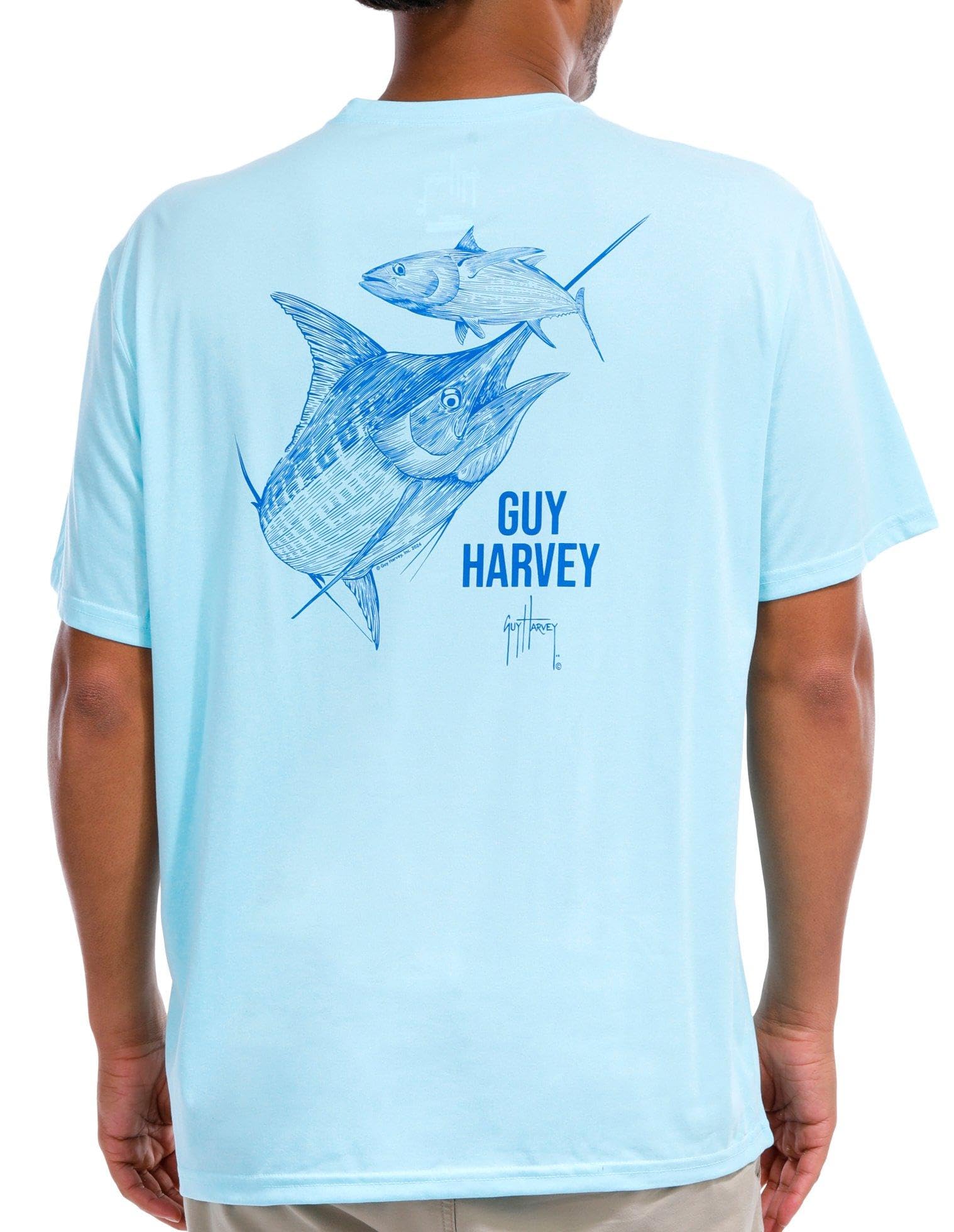 Guy Harvey Men’s Short Sleeve Cationic Performance T-Shirt, Iced Aqua/Marlin Contour, XXL