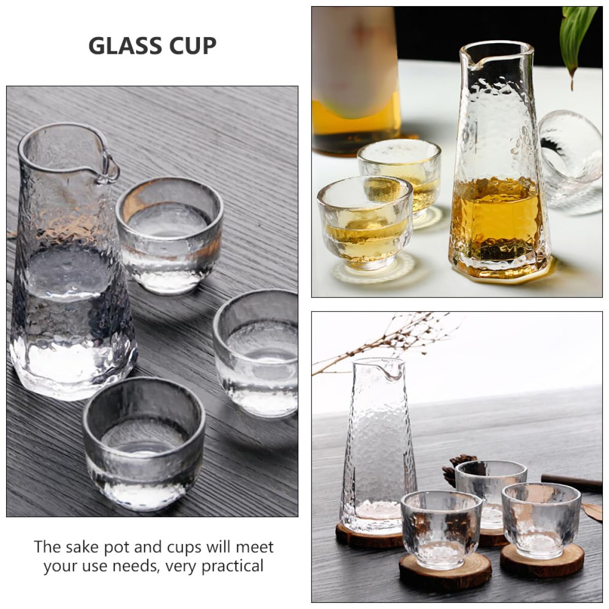 Set Sakè Giapponese Vetro Trasparente 1 Bottiglia Collo Stretto 3 Bicchieri Design Raffinato per Degustazione Liquori e Intrattenimento Casa