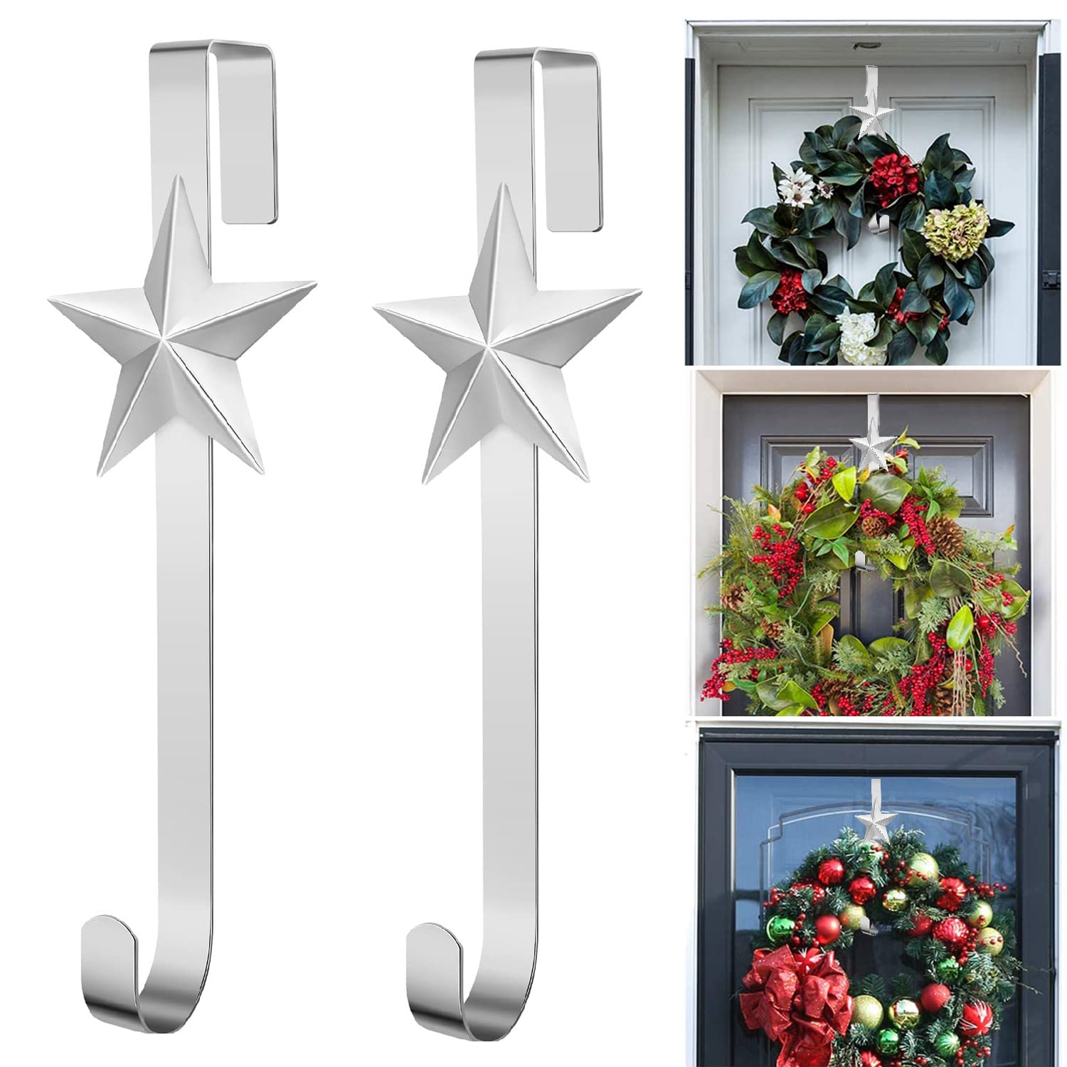 Hutato 2Pcs Christmas Wreath Hanger for Front Door 15in Large Metal Wreath Reef Door Hanger Hook Decor Hook for Xmas Party Decor Door Wall Home Office (Silver Star)