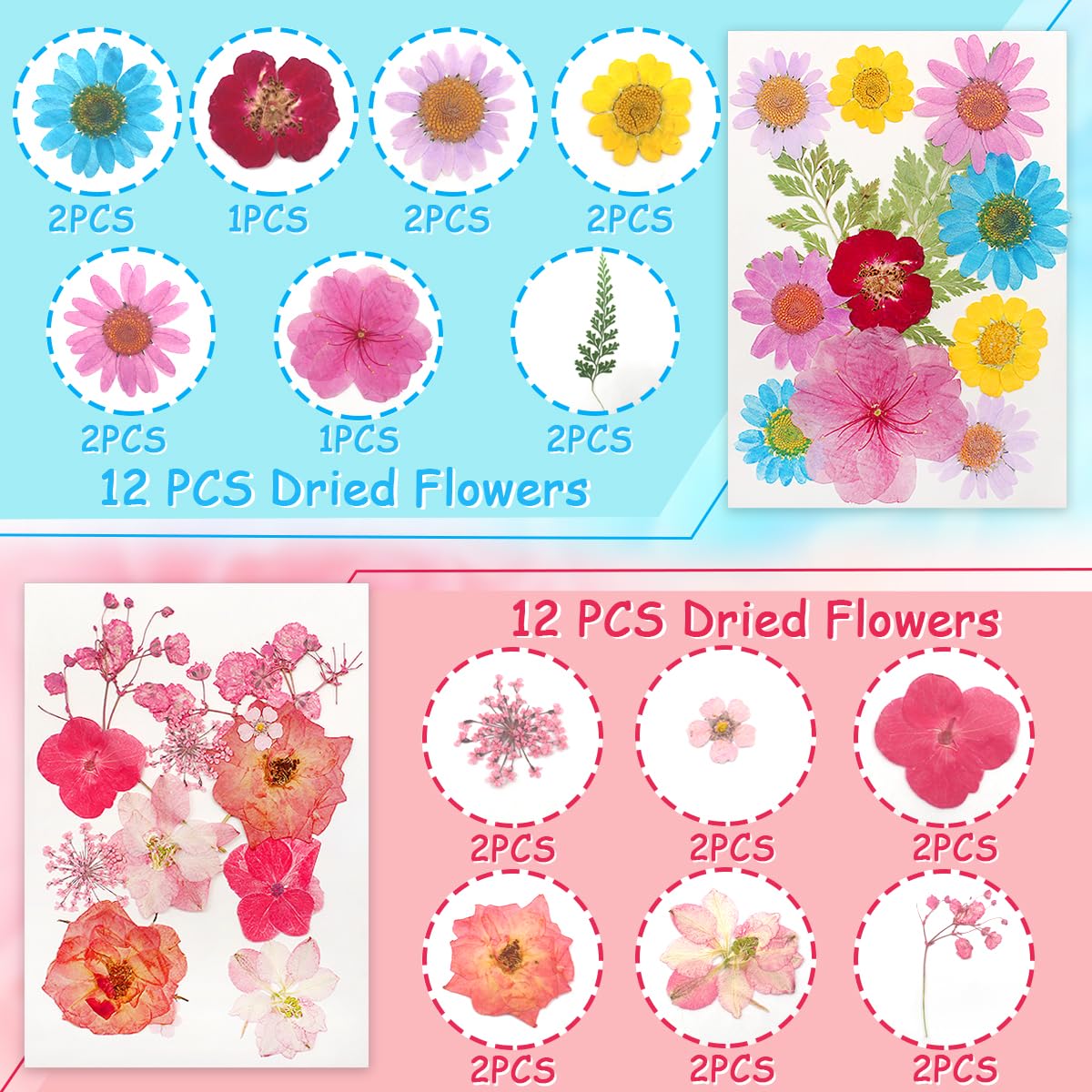 Cinvo 48 Pcs Real Dried Pressed Flowers and Leaves Natural Dried Petals Greenery with Tweezer for Candle Resin Jewelry Soap Nail Pendant Phone Case Crafts Making Floral Decors DIY Embellishments - Image 3
