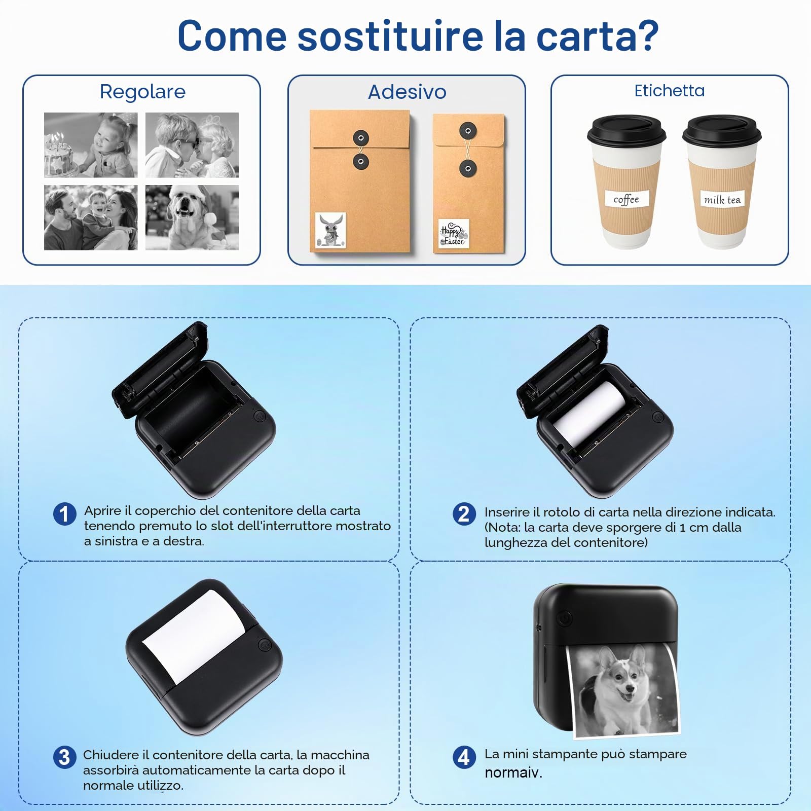 Mini Stampante Fotografica Termica Portatile Bluetooth con Ricarica USB, Stampante Istantanea (Nero)