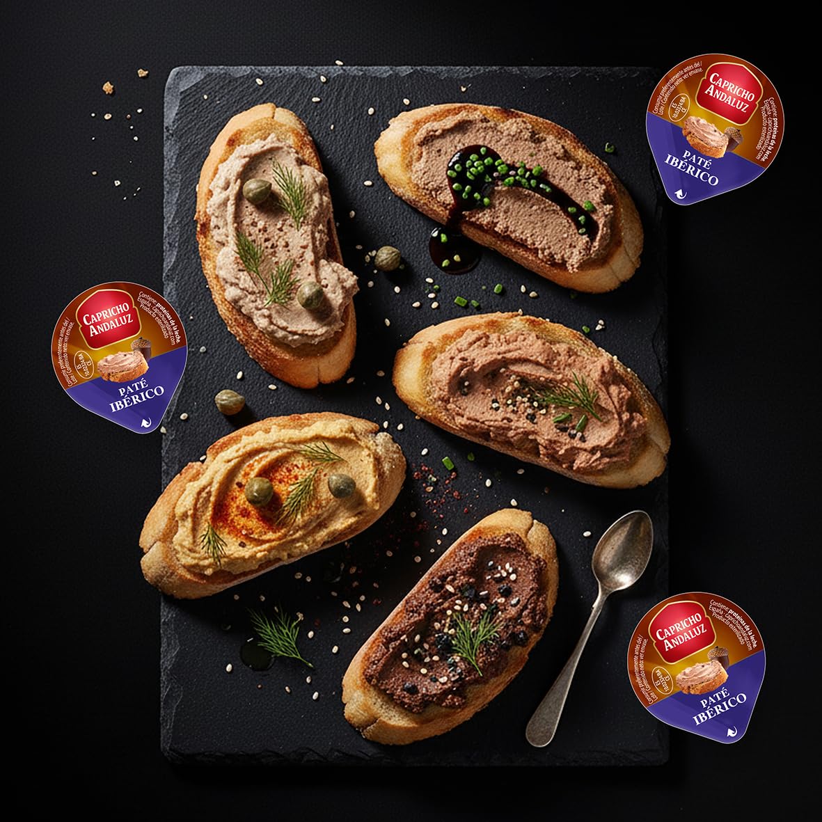 Capricho Andaluz - Caja Paté Ibérico 60 Unidades en Monodosis de 25 gr, Untable para tus Desayunos y Meriendas con un Envasado Práctico y Cómodo para Llevar