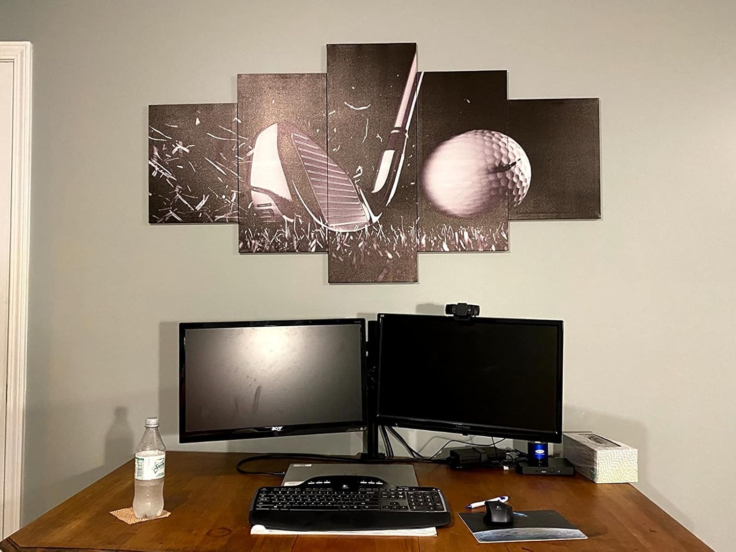 Black and White Paintings Golf Pictures 5 Panel Canvas Golf Ball Wall Art for Living Room Golfing Sport Artwork Contemporary Home Decor Giclee Framed Ready to Hang Posters and Prints(60''Wx40''H)