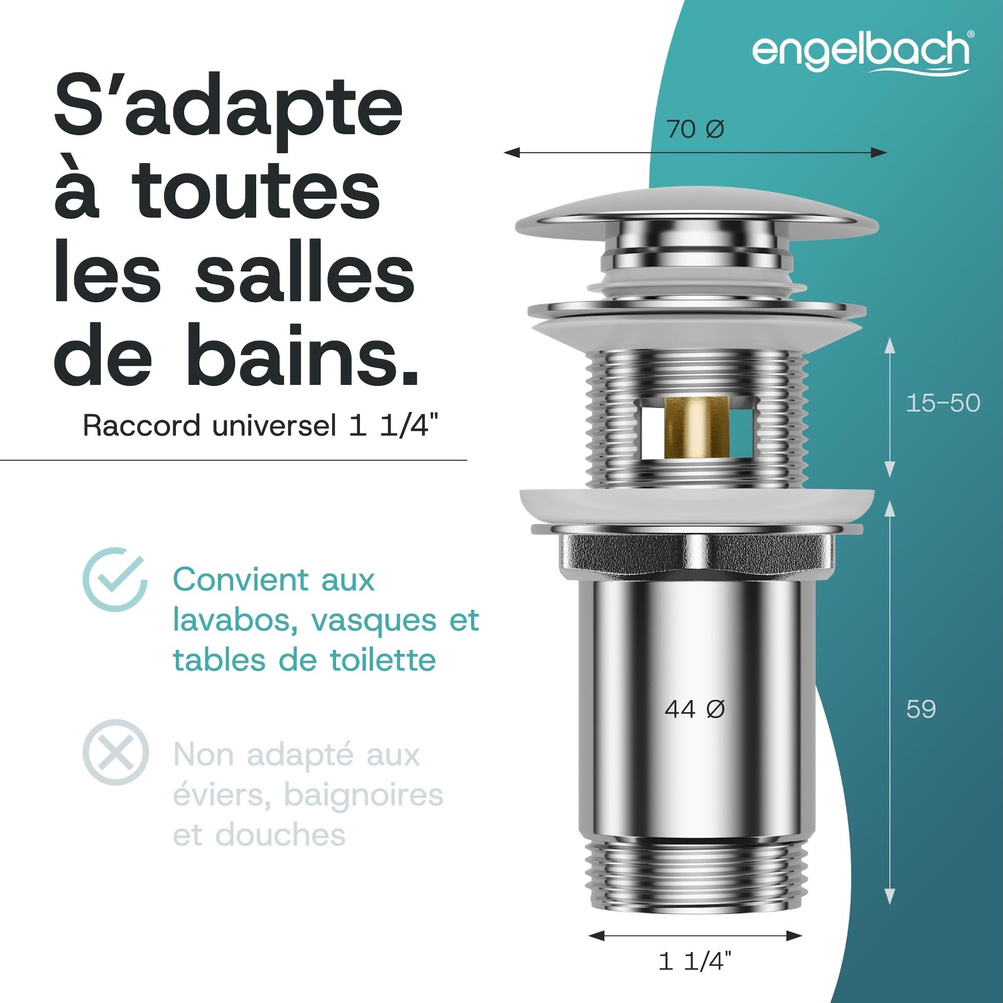 Engelbach Bonde de lavabo avec trop-plein Bouchon clic-clac 3 Joints Inclus Modèle Universel