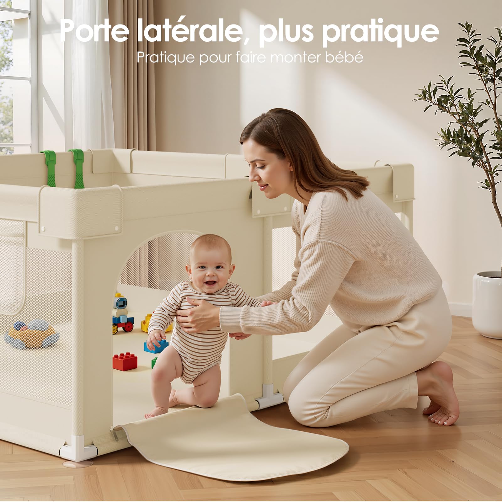 Beige Parc Bebe 120 × 120cm - Petit Parc Enfan Parc de Jeux Bébé | Parc Bebe Maille Respirante，pour Appartements Park, Facile à nettoyer Oxford, Maille Transparente Sans BPA