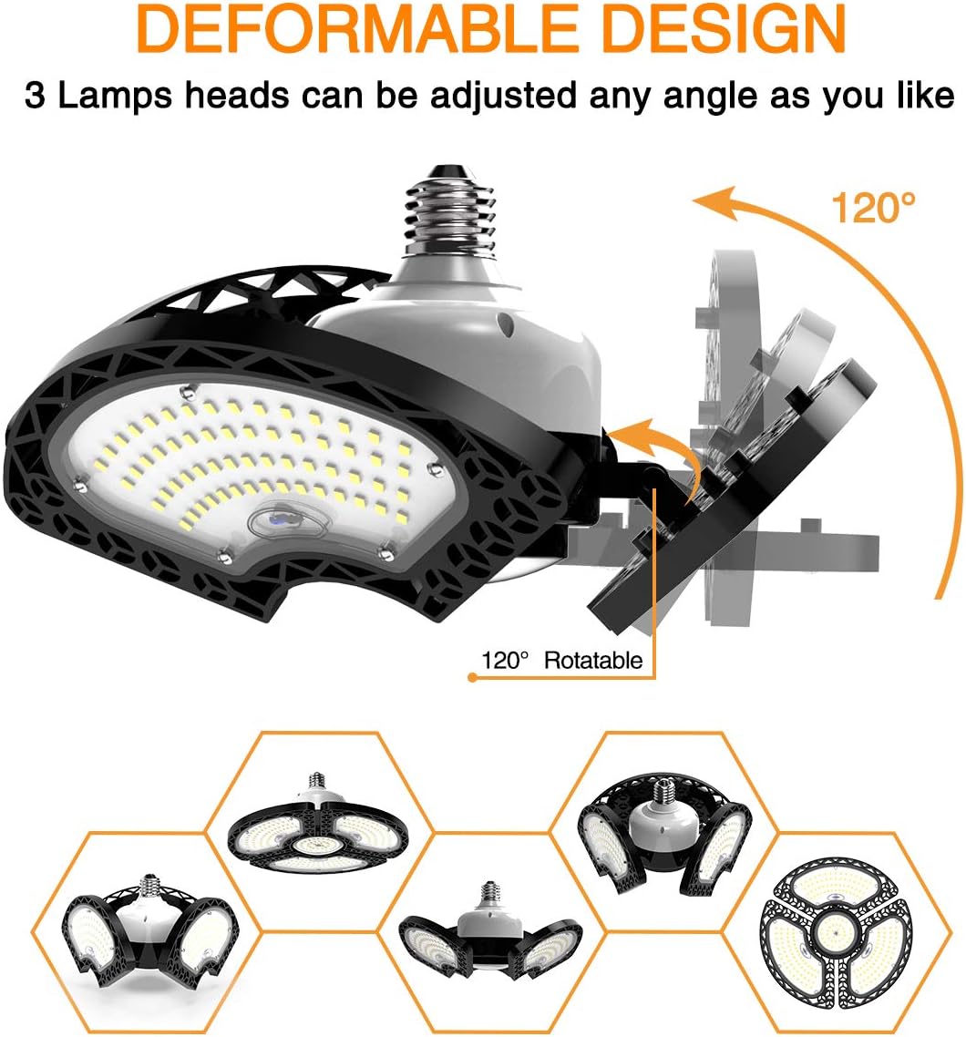 Garage Light, 80W LED Garage Lights 12000LM 6000K Daylight E26 LED Garage Light Bulbs,LED Garage Ceiling Lights with 3 Adjustable LED Panels Fits for Garage, Warehouse, Barn, Workshop and Basement.