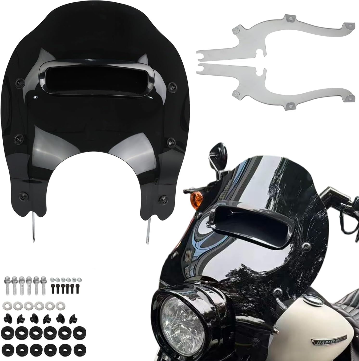 Motorcycle Detachable Windshield Fairing & Bracket Mount Fixed Set w/ Adjustable Center Vent Fits for Harley 1994-later Road King FLHRC/I,FLHR/I and FLHRXS Replacement Parts(Black&Chrome Bracket)