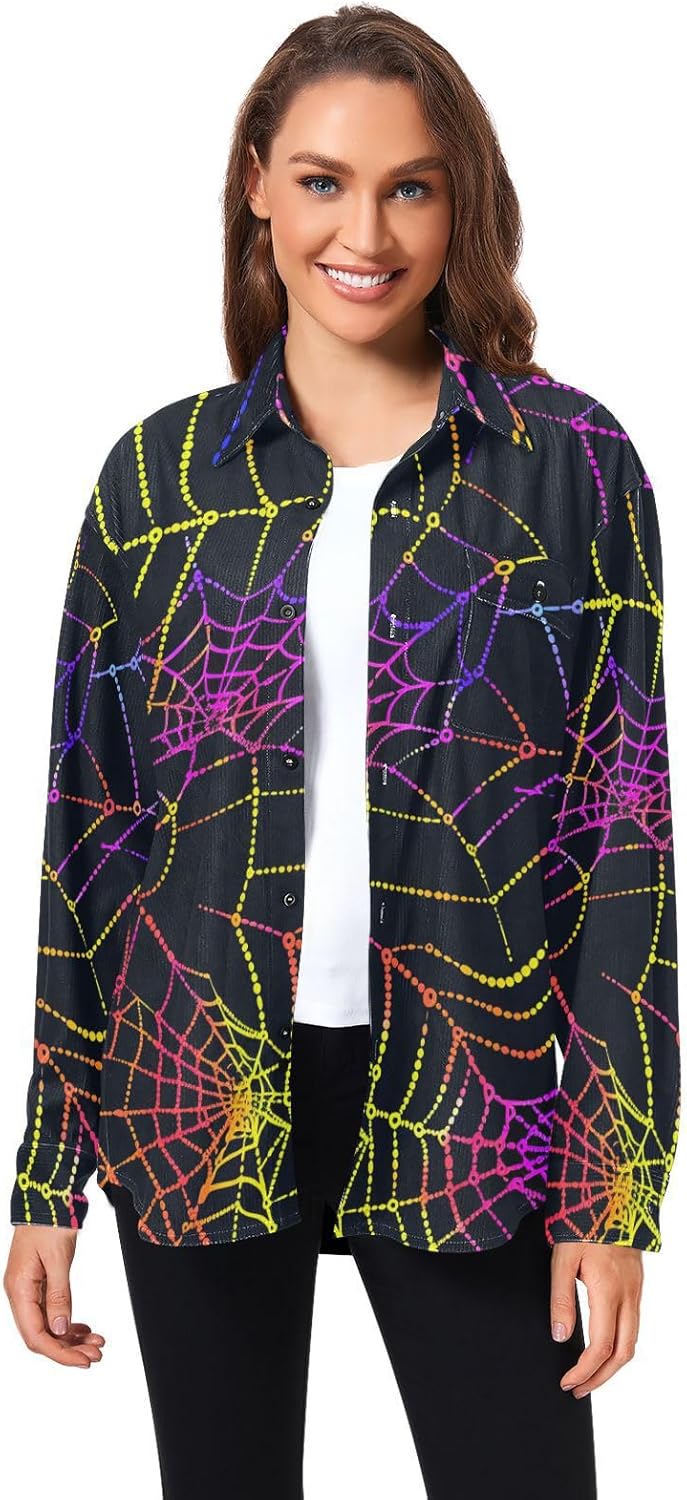 Spider Web Colorful Woolen Cord Fabric Mens Rugby Shirts Long Sleeve for Women Collar with Pockets