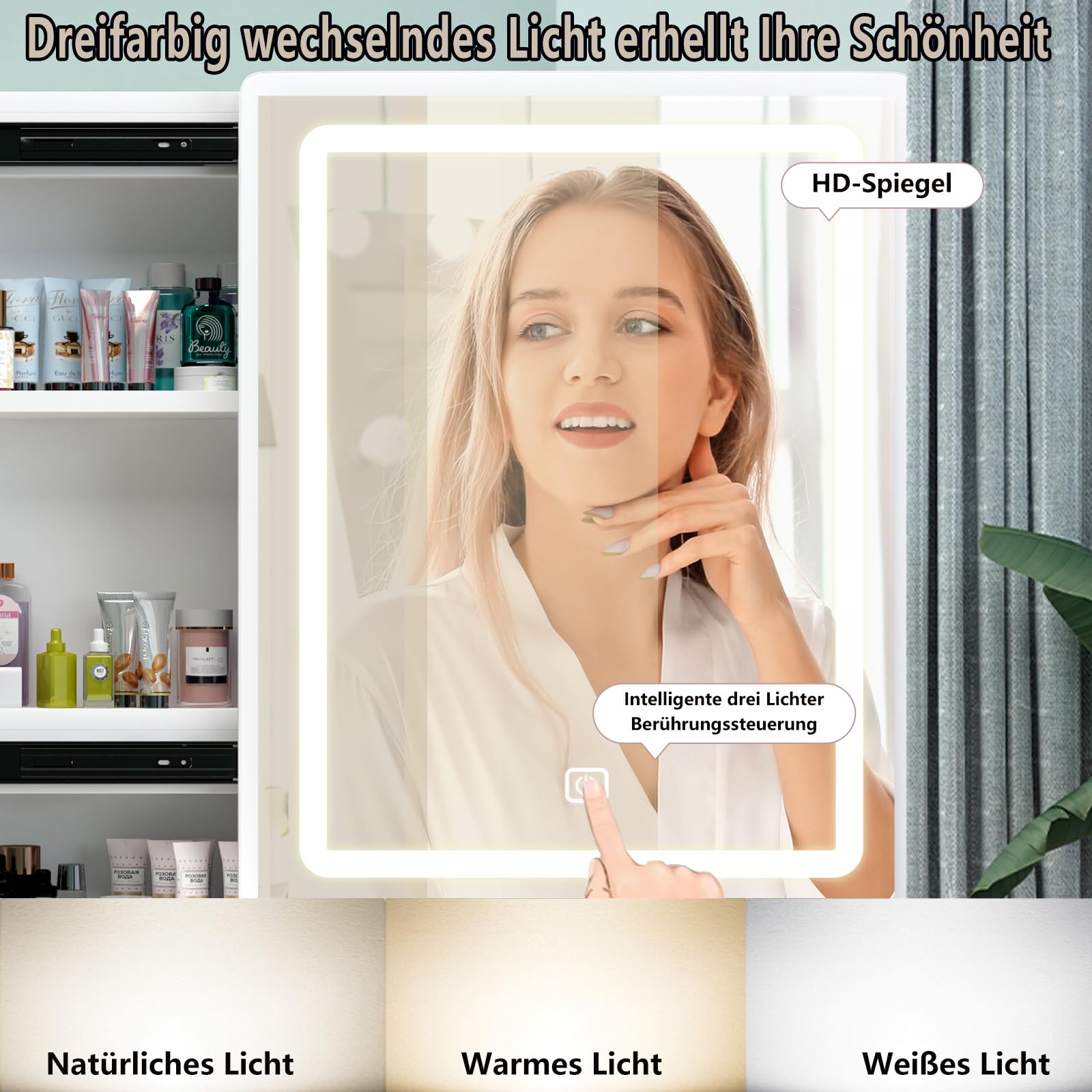 Coiffeuse Avec Miroir LED 3 Modes - 3 Tiroirs + 5 Étagères, Blanc Moderne