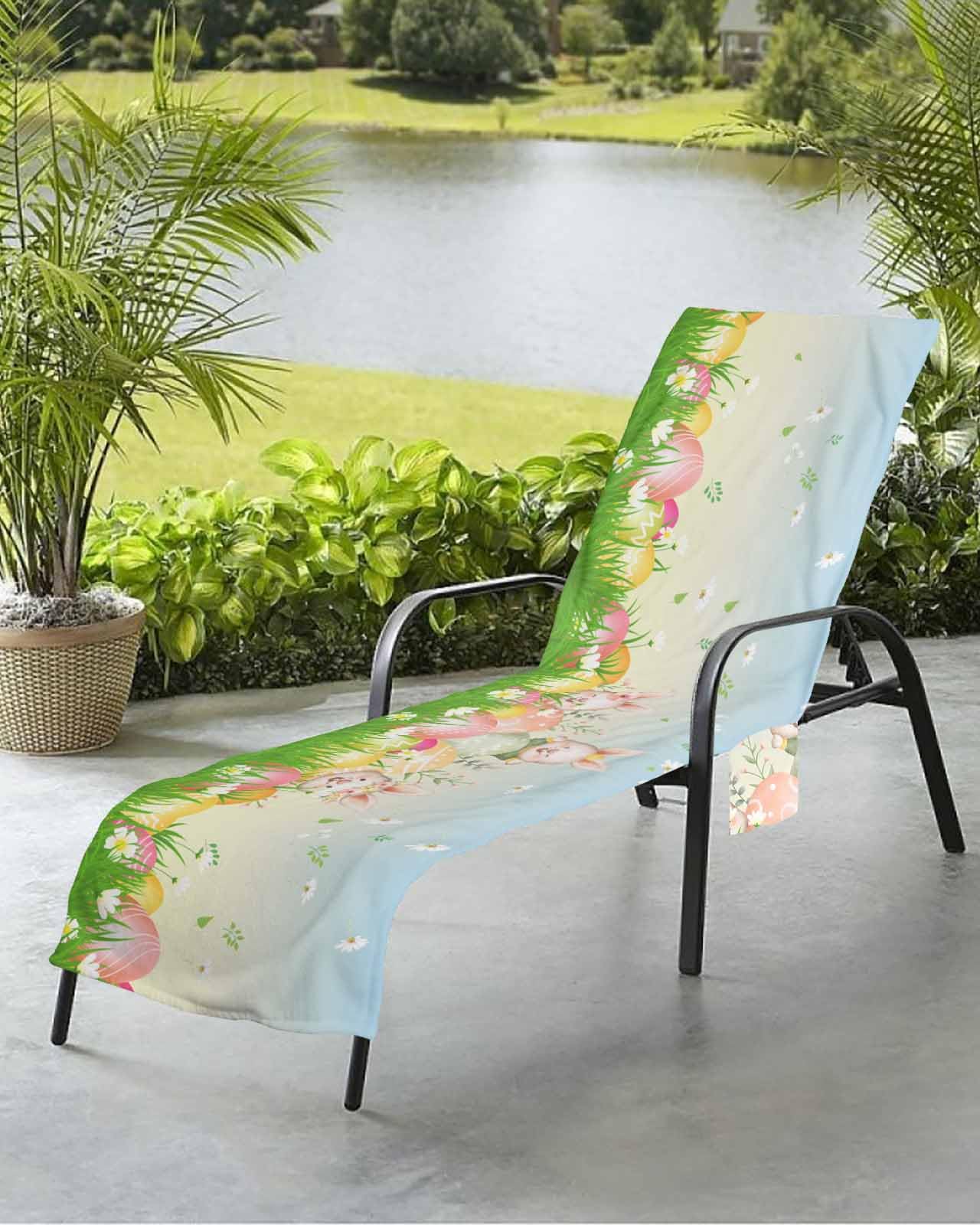 Flowers Bunny Beach Chair Towel Covers for Chaise Lounge with Side Pocket, Soft Plush Pool Towels Cover for Patio Sunbathing Outdoor 29''x85'' Easter Eggs Multicoloured Cartoon Flower