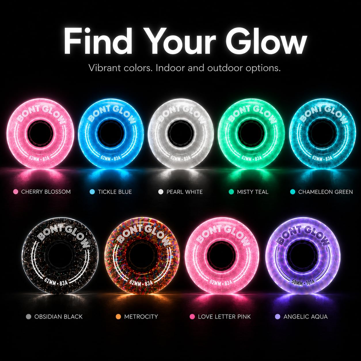 Bont Glow - Ruote per pattini a rotelle, senza batteria, 58 x 32 mm, 101 A, confezione da 4, per esterni e quad (lettera d'amore rosa)