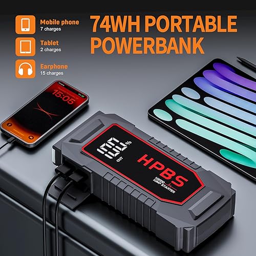 Miniatura 3 de Arrancador de batería de automóvil, batería de arranque de pico de 5000 A para motores de gasolina y diésel de 10 L, caja de arranque portátil de 12