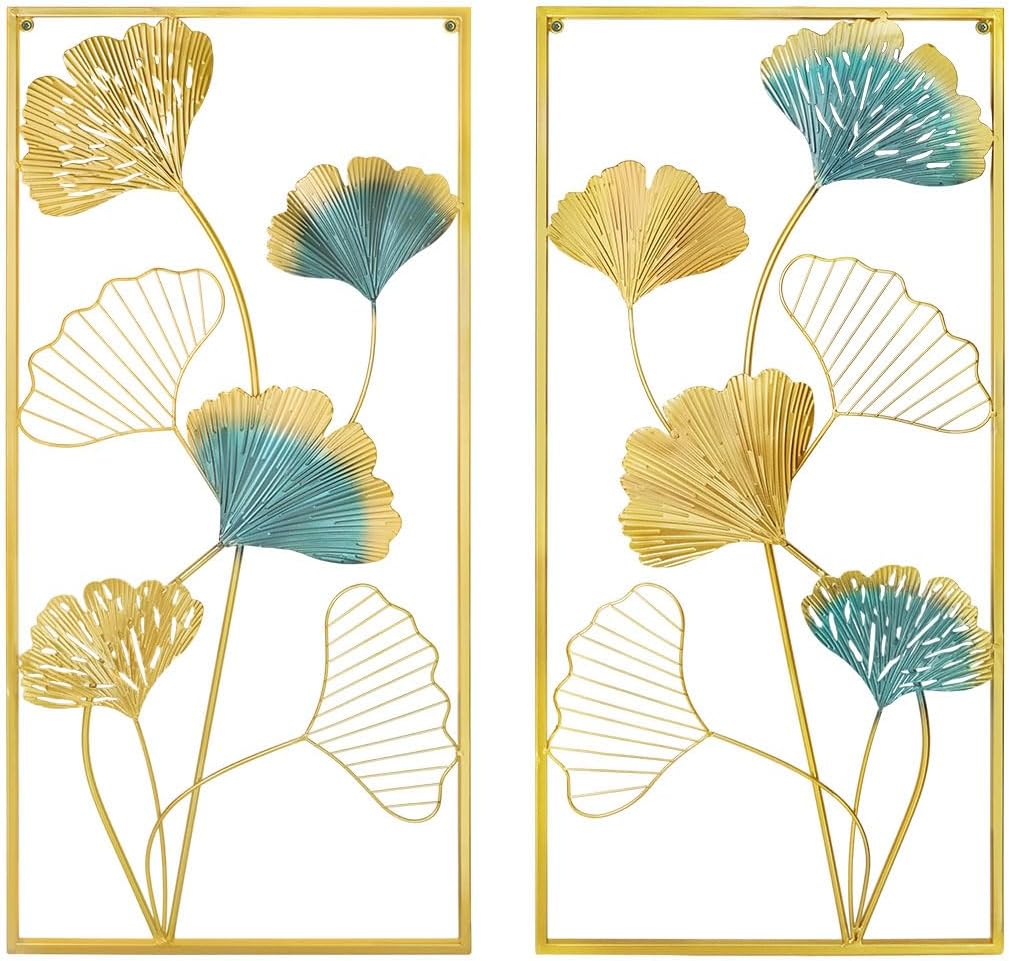 HUIZHILANXIN Metal Wall Art Set of 2 Gold Wall Decor Ginkgo Leaf Wall Decorations with Frame for Living Room Bedroom Study Room Home Office (33.5" X 15.75")
